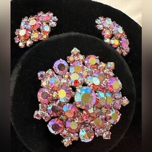 Vintage Aurora Borealis Cluster Clip Earrings & Brooch Pin